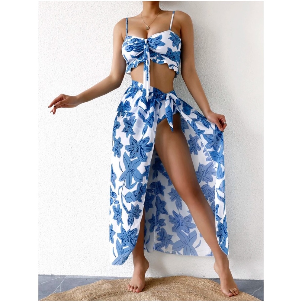 Boho Tropical Floral Print High Waist Bikini Cover up set - Picture 7 of 12
